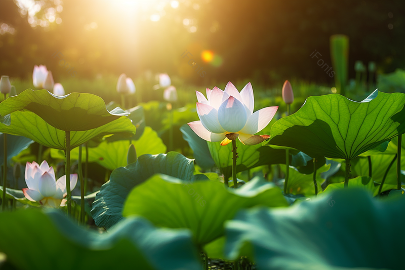 公园里夕阳下的荷花植物摄影,高清,摄影图,摄影图片,图片大全,摄影图免费下载